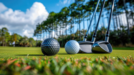 Golf ball teed up and golf drivers in the background, ready for a long drive on a beautiful golf course with this inviting photo.の素材