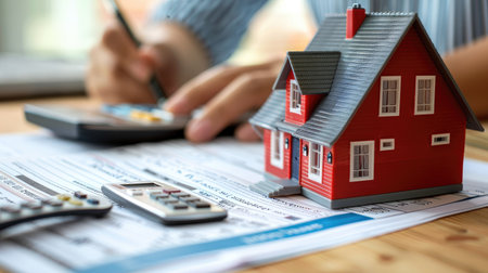 Image of making an estimate related to housing money, with a person reviewing home appraisal documentsの素材