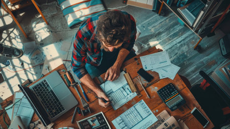 Image of making an estimate related to housing money, featuring a person calculating repair costs for a new homeの素材