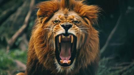 Lion mid-roar, displaying its sharp teeth and powerful jaws, emphasizing the raw and dangerous beauty of the king of the jungle with this inviting photo.の素材