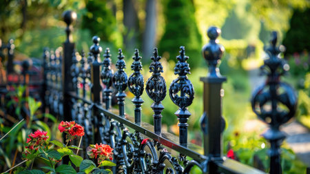Intricately designed metal fence with decorative motifs, enhancing the curb appeal and elegance of the garden with this inviting photo.の素材