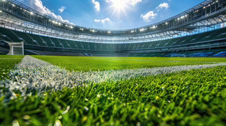 Modern football stadium with a well-maintained green field and football goals, emphasizing the allure of a major sports arena with this inviting photo.の素材