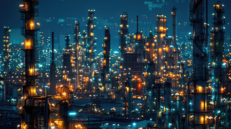 Night view of oil refineries and chemical plants illuminated in an industrial area, showcasing the vibrant lights and machinery with this inviting photo.の素材