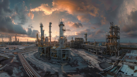Panoramic view of oil refineries and chemical plants in an industrial area, showcasing complex machinery and pipelines with this inviting photo. -の素材