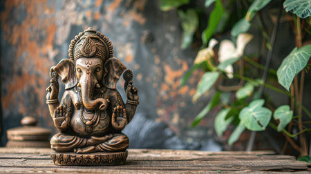 Unoccupied wooden table with an artistic Ganesha idol, perfect for spiritual and festive imageryの素材