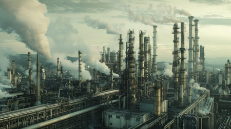 Oil refineries and chemical plants with complex machinery and towering stacks, set in a bustling industrial area with this inviting photo.の素材