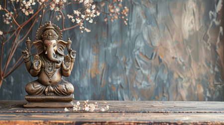 Unoccupied wooden table with a Ganesha idol, ideal for spiritual and festive imageryの素材