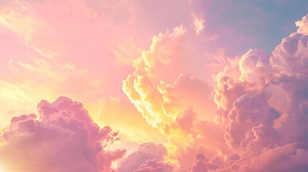 Peaceful sunset with a colorful cloudy sky, featuring hues of pink and yellow blending seamlessly, creating a serene atmosphere with this inviting photo.の素材