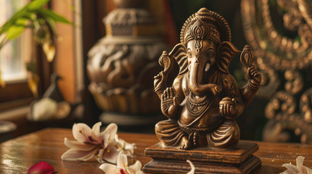 Wooden table with a beautifully crafted Ganesha statue, creating a serene and sacred settingの素材