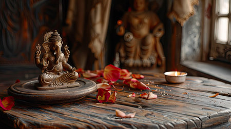 Wooden table with an elegant Ganesha statue, offering a tranquil and spiritual sceneの素材