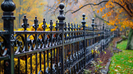Ornamental metal fence with artistic designs, providing both security and aesthetic appeal to the surroundings with this inviting photo.の素材