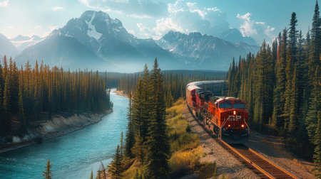 Train traveling through Morant's Curve, with the majestic Rocky Mountains of Banff National Park providing a stunning scenic backdrop with this inviting photo.の素材