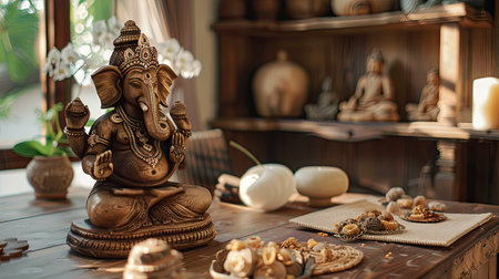 Wooden table with a beautifully crafted Ganesha statue, offering a tranquil and holy settingの素材
