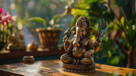 Wooden table with an elegant Ganesha statue, offering a serene and sacred ambianceの素材