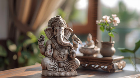 Unadorned wooden table with a Ganesha idol, perfect for religious and festive contentの素材