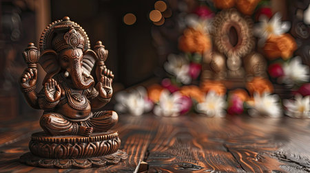 Wooden table with a Ganesha statue, creating a serene and sacred backdrop for religious content -の素材
