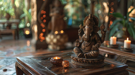Wooden table with a beautifully crafted Ganesha statue, creating a serene and sacred settingの素材