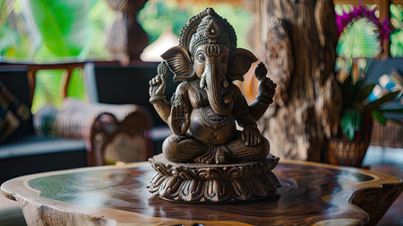 Wooden table with a beautifully crafted Ganesha statue, providing a serene and sacred settingの素材