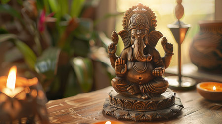 Wooden table with an elegant Ganesha statue, offering a tranquil and spiritual sceneの素材
