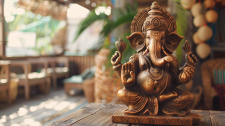 Wooden table with a beautifully crafted Ganesha statue, creating a serene and sacred settingの素材