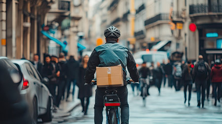 A bicycle courier riding through a crowded city street, maneuvering between traffic, highlighting the eco-friendly aspect of urban delivery servicesの素材