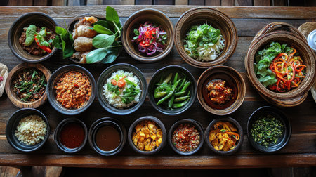 A beautifully arranged spread of various bowls on a traditional Thai dining table,の素材