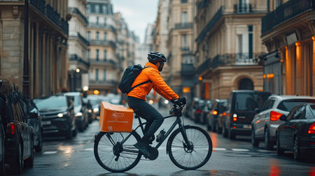 A bicycle courier riding through a crowded city street, maneuvering between traffic, highlighting the eco-friendly aspect of urban delivery servicesの素材