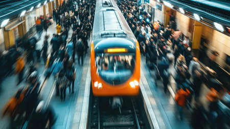 A bustling metro station with commuters boarding a subway train, illustrating the efficiency and convenience of public transportation in an urban environment.の素材