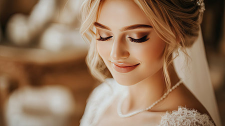 A bride with elegant bridal makeup, complete with soft, romantic tones, and delicate detailing, as she prepares for her special day in a beautifully decorated room.の素材
