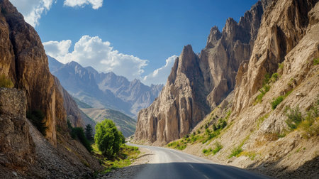 A breathtaking view of a mountain road with dramatic rock formations on either side, capturing the rugged beauty and challenging terrain of the route.の素材