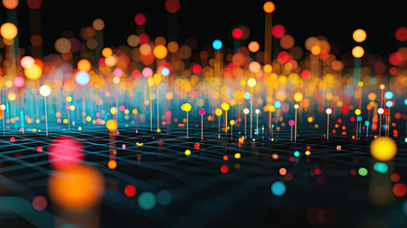 A close-up of a 3D scatter plot with data points floating above a grid, using different colors and sizes to represent various data metricsの素材