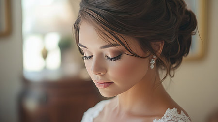 A bride with elegant bridal makeup, complete with soft, romantic tones, and delicate detailing, as she prepares for her special day in a beautifully decorated room.の素材
