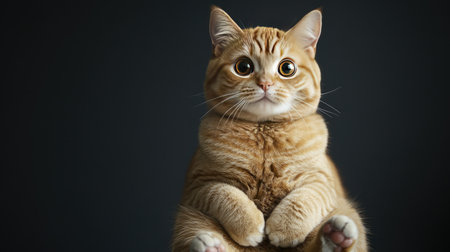 A chubby cat sitting upright with its paws tucked under its chest, its large round eyes staring directly into the camera, creating an endearing and humorous image.の素材