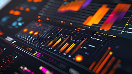 A close-up of a 3D financial dashboard with multiple graphs and charts, including bar, line, and pie graphs, showing comprehensive data analysis in a modern interface.の素材
