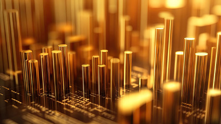 A close-up of a 3D gold histogram with golden bars of varying heights, representing data distribution across different categories with a touch of luxury.の素材