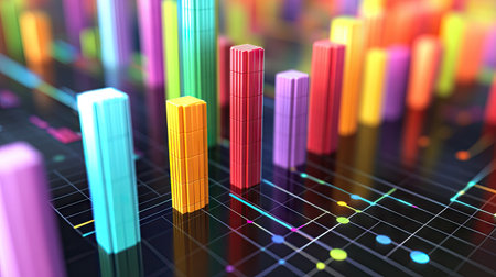 A close-up of a 3D bar graph on a computer screen, with colorful bars rising from a grid and data points clearly marked, illustrating complex data visualization.の素材
