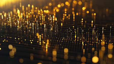 A close-up of a 3D gold scatter plot with golden data points floating above a grid, showcasing the distribution of investment values in a high-end, dynamic presentation.の素材