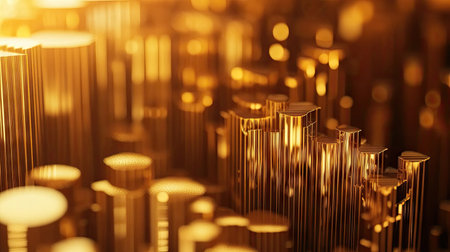 A close-up of a 3D gold stacked column graph with golden layers and segments, illustrating a breakdown of financial data with a luxurious and detailed presentation.の素材
