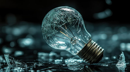 A close-up of a broken light bulb with shattered glass and a dimly lit filament, highlighting the fragility and the remnants of its light-emitting function.の素材