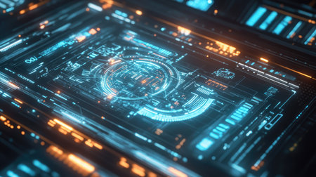 A close-up of a 3D holographic display showing intricate data and graphs, with bright, glowing elements and a futuristic interface.の素材