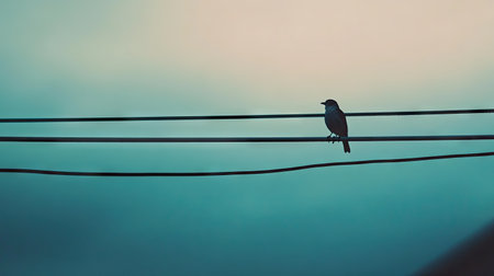 A close-up of a bird perched on a power line, with the delicate balance of nature and technology captured in a simple yet powerful image.の素材