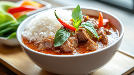 A close-up of a bowl of with a focus on its rich, textured consistency and bright red color, complemented by a side of jasmine rice and vegetable garnishes.の素材