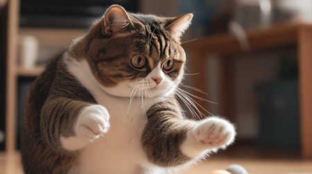 A close-up of a chubby cat playfully batting at a toy, with its round face and chubby paws in focus, highlighting its playful and affectionate nature.の素材