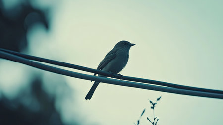 A close-up of a bird perched on a power line, with the delicate balance of nature and technology captured in a simple yet powerful image.の素材