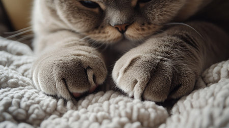 A close-up of a fat cat's paws as it kneads a soft blanket, its chunky legs and gentle movements highlighting the comforting behavior.の素材