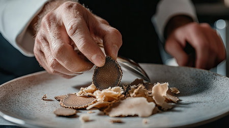 A close-up of a chef hands carefully slicing a truffle over a plate, with the delicate shavings adding a finishing touch to a high-end dish.の素材