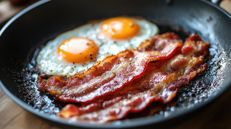 A close-up of a frying pan with a crispy breakfast bacon and eggs, showcasing the well-seasoned surface and the deliciously cooked food.の素材