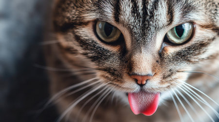 A close-up of a fat cat's face with its tongue sticking out slightly, capturing a candid and playful moment that showcases its quirky personality.の素材
