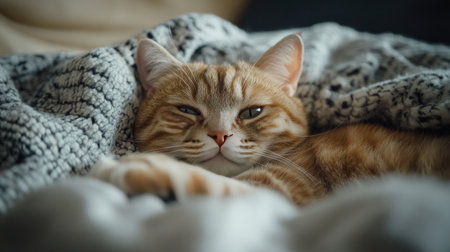 A close-up of a chubby cat lounging on a cozy blanket, with a playful expression and round cheeks, highlighting its adorable and relaxed demeanor.の素材