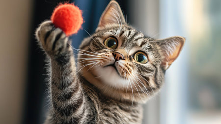 A close-up of a chubby cat playfully batting at a toy, with its round face and chubby paws in focus, highlighting its playful and affectionate nature.の素材